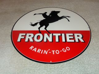 Vintage Frontier Rarin To Go Cowboy Horse Bronco 11 3/4 " Metal Gasoline Oil Sign