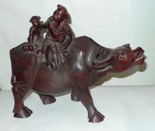 19th/20th Century Chinese Signed Carved Wood Water Buffalo With Riders