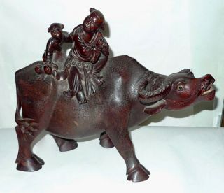 19th/20th Century Chinese Signed Carved Wood Water Buffalo with Riders 2
