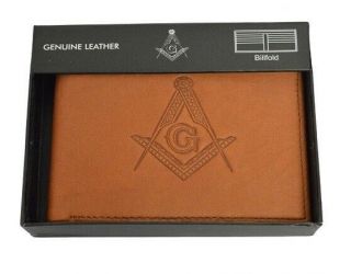 Masonic Tan Leather Bi - Fold Riff Wallet - Mason Embossed Square And Compasses