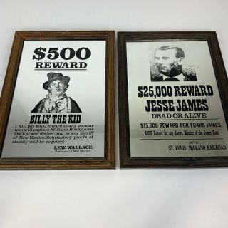 2 Vintage Mirrors Jessie James & Billy The Kid Wanted Posters Western Railroad