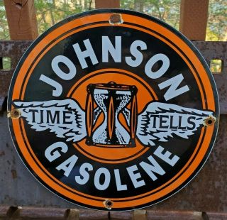 Vintage Johnson Time Tells Gasoline,  Wings 11 3/4 " Porcelain Metal Oil Sign Il.