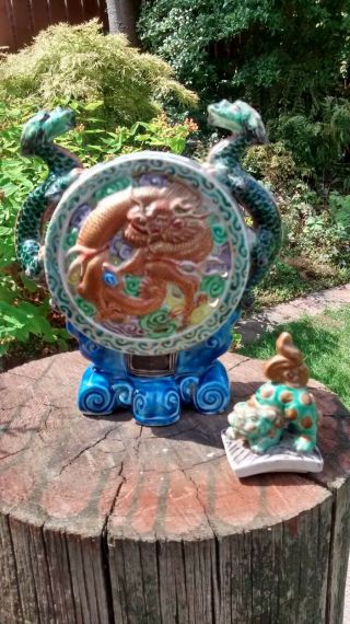 Chinese Incense Burner Dragons And Foo Dog Majolica Pottery