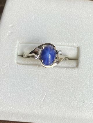 Vintage 1960s 10k White Gold 8x6mm Lindy Blue Star Sapphire & Diamond Ring Sz 7