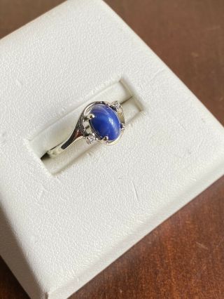 Vintage 1960s 10K White Gold 8x6mm Lindy Blue Star Sapphire & Diamond Ring Sz 7 2