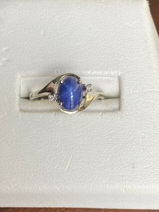 Vintage 1960s 10K White Gold 8x6mm Lindy Blue Star Sapphire & Diamond Ring Sz 7 3