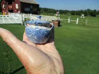 Vintage Miniature Blue And White Spongeware Stoneware Mini Bean Pot With Lid