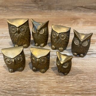 Vintage Brass Owls Set Of 7 Paperweights Figurines Tallest 3 " Total Weight 952g