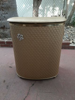 Vtg Mid Century Modern Detecto Clothes Hamper Gold Quilted 50 