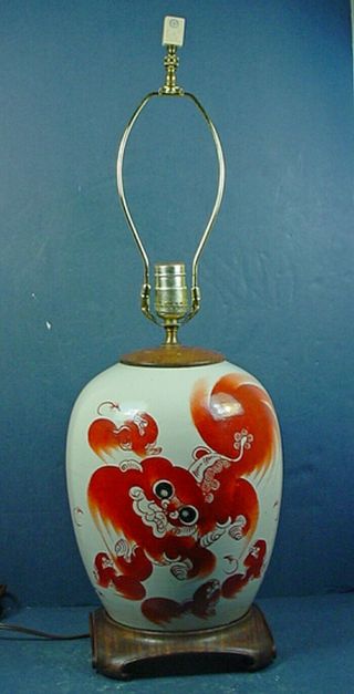 Antique Chinese Porcelain Copper Red Enamel Foo Dog Melon Jar / Table Lamp
