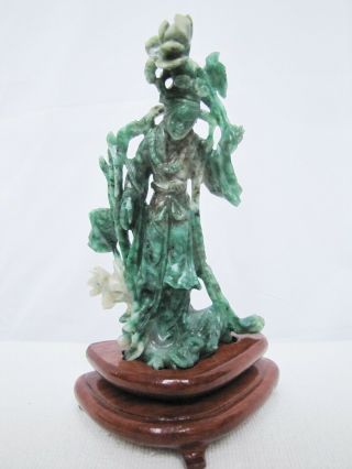 Vintage Chinese Carved Jade Woman Figurine On Stand.