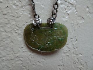 Antique Chinese Green Jade Or Stone Carved Relief Pendant Silver Bees W/ Chain