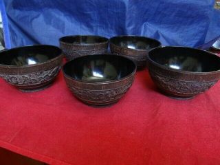 Set Of 5 Antique Chinese Tibetan Carved Dragons Wood Lacquered Bowls