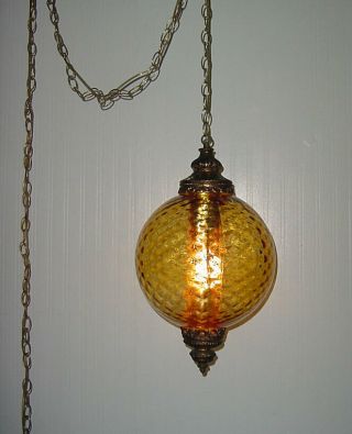 Vintage Mcm Optic Glass Hanging Amber Light Swag Lamp 11 " Globe 2 Available