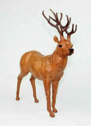 Vintage Leather Wrapped Reindeer Deer Buck Statue Figurine 14 Inches Tall 3