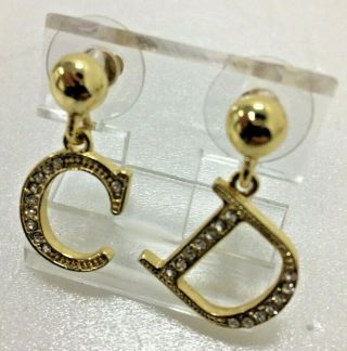 Authentic Vintage Christian Dior Cd Logo Gold Tone Rhinestone Earrings Pierced