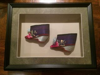Antique Chinese Silk Embroidered Lotus Shoes For Bound Feet In Shadow Box Frame
