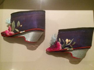 Antique Chinese Silk Embroidered Lotus Shoes for bound feet in Shadow Box Frame 2