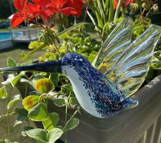 Hand Blown Glass 6.  5 " Blue White Hummingbird Bird Figurine - Dynasty Gallery