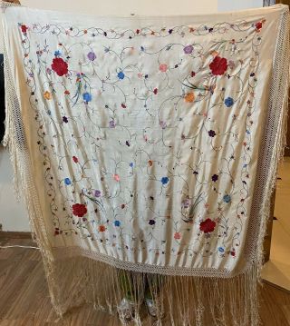 Antique Chinese Hand Embroidered Pure Silk Piano Shawl 48 " X48 " Fringe 18 " Multi