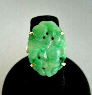Art Nouveau 1910 - Chinese Natural Carved Jadeite Ring,  14k Yellow Gold Sz 5.  25