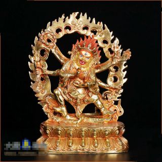 8 " Asian Antique Tibetan Buddhism Copper Gilt Hand Painting Mahakala Statue