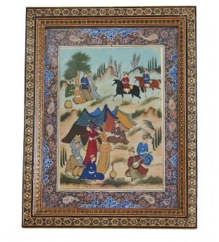 Persian Miniature Hand Painting On Bone Khatam Inlaid Mosaic Marquetry Frame