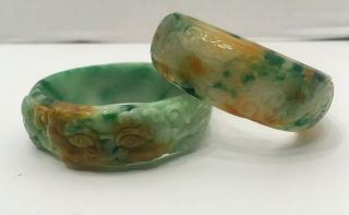 Two Chinese Carved Jade/jadeite Bangle Bracelets Lion/bats & Beast 19th/20th C.
