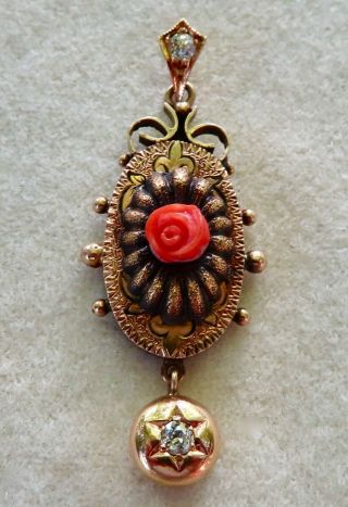 Antique Victorian Old Mine Cut Diamond & Carved Coral 14k Gold Etruscan Pendant