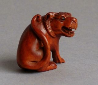 Vintage Carved Wood/composite Lion Figure Glass Eyes Signed On Base Oriental