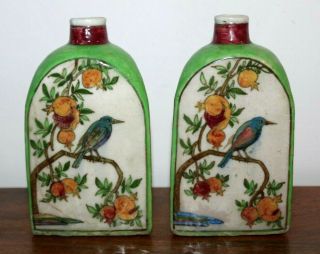 Antique 19th C Persia Qajar Hand Painted 3 Sided Pottery Bottles 7 " (pair)