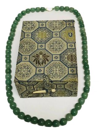 Vintage Chinese 26” Long Jade Bead Necklace With Silver Clasp