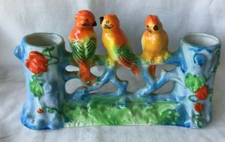 Vintage Made In Japan Bud Vase With 3 Colorful Birds Perching