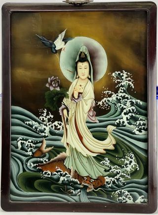Vintage Chinese Export Figural Reverse Glass Painting Plaque Wood Frame Nr Sjs