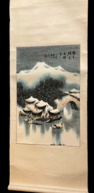 Vintage Estate Asian Chinese Art Hand Painted Scroll Huts Man Water 57” X 21.  5”