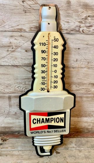 Vintage Plastic Champion Spark Plugs Advertising Thermometer Sign Gas.