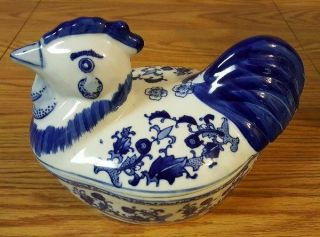 Vintage Ashley Belle Blue White Ceramic Hen On Nest Candy Dish Chicken