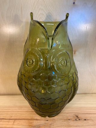 Owl Bird Pitcher Mid Century Modern Green Vase Retro Honeycomb Vintage Glass