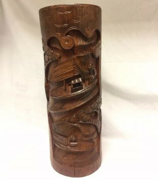 Vintage Hand Carved Bamboo Chinese Wooden Vase Oriental Ornament 32cm/12 1/2”