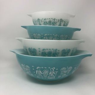 Vintage Pyrex Butterprint Cinderella Mixing Bowls Set Turquoise 441 442 443 444