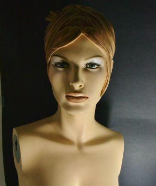 Vtg Mannequin Female Torso Display Bust Shabby Eyelashes Molded Hair & Breasts
