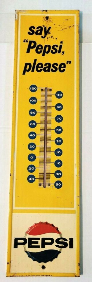28 " Vintage Metal Tin Pepsi Thermometer " Say Pepsi Please " Yellow Bottle Cap 
