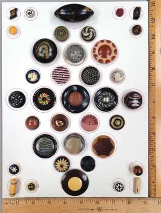 Card Of 37 Antique Buttons,  Assorted Vintage Plastic,  Many Types,  Unusual &