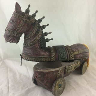 Vintage India Wood Horse Pull Toy/box/trojan On Wheels Painted Rare Carved