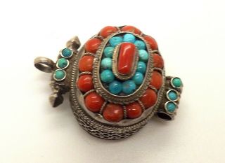 Vintage Coral & Turquoise Stones Sterling Silver Stash Pill Box Pendant