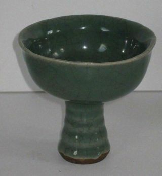 Antique Chinese Longquan Celadon Stem Cup Bowl Conical Base Crackled Glaze