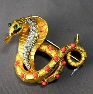 Vintage Pauline Rader Faux Coral Bead & Rhinestone Figural Snake Figural Brooch