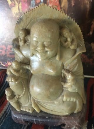 Chinese Antique Hand Carved Stone Happy Buddha Statue On Marble Stand Tao Jade