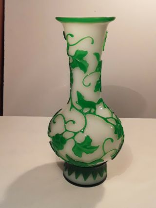 Antique Chinese Carved Peking Glass Overlay Vase Green And White