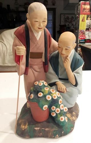 Vintage Japanese Hakata Urasaki Doll " Elderly Couple " With Walking Stick & Book